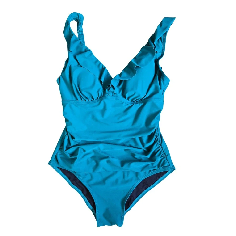 DKNY Teal Ruffle One Piece Swimsuit Size 14 Rushed Tummy Control Beach Chic Glam - Picture 2 of 7